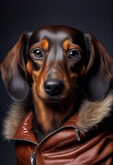 Dachshund Dog wearing a leather jacket - Dog Breed Portrait