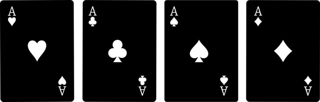 Set of four aces playing cards suits. Winning poker hand. Set of hearts, spades, clubs, and diamonds ace