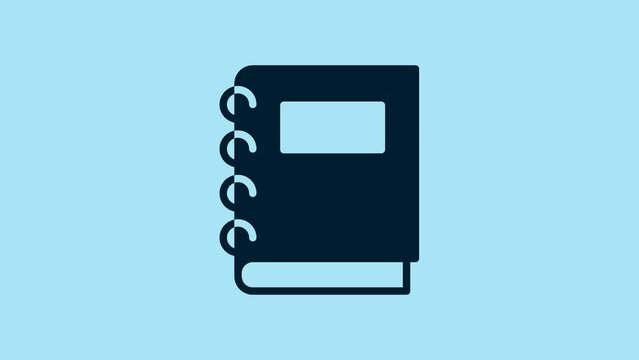 Blue Notebook icon isolated on blue background. Spiral notepad icon. School notebook. Writing pad. Diary for school. 4K Video motion graphic animation
