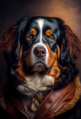 Bernese Mountain Dog wearing leather jacket - Dog Breed Portrait