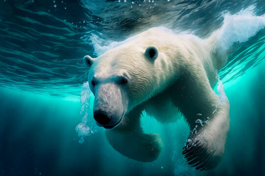 Close-up of a swimming white polar bear underwater looking at the camera. International polar bear day. Generative AI