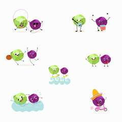 Obraz premium Illustration with funny set of cabbage, collection of characters doing sports, playing musical instruments, riding. Funny and healthy food. Cute face food, ingredients, vegetarianism, vector cartoon.