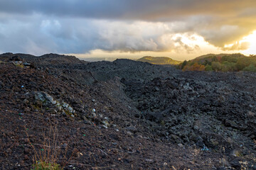 View of the volcanic rocks of Mount Etna in Sicily