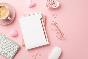 Valentine's Day concept. Top view photo of notepad pen glasses keyboard computer mouse heart shaped...