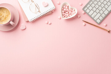 Fototapeta na wymiar Valentine's Day concept. Top view photo of planner keyboard stylish glasses pen heart shaped saucer with sprinkles and cup of coffee on isolated pastel pink background with copyspace