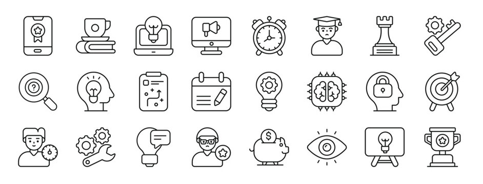 Set Of 24 Outline Web Life Skills Icons Such As Online Studies, Knowledge, Innovation, Promotion, Alarm Clock, Scholar, Strategy Vector Icons For Report, Presentation, Diagram, Web Design, Mobile