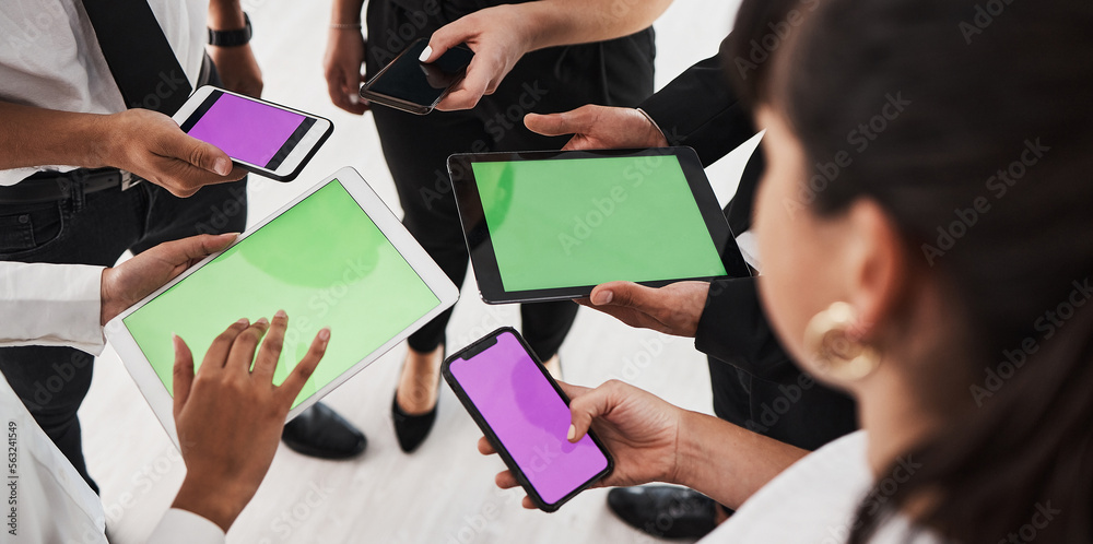 Aufkleber Hands, green screen and technology with a business group in studio isolated on a white background for communication or networking. Tablet, phone and mockup with an employee team on blank space
