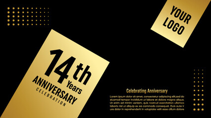 14th Anniversary Celebration template design with gold color for anniversary celebration event, invitation card, greeting card, banner, poster, flyer, book cover. Vector Template