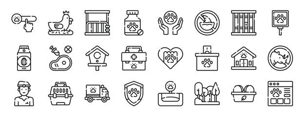 Obraz na płótnie Canvas set of 24 outline web animal welfare icons such as help, chicken, cowshed, medicine, animal rights, fin, cage vector icons for report, presentation, diagram, web design, mobile app
