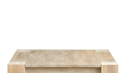 Wooden table top surface isolated over white background. Solid wood furniture close view 3D illustration