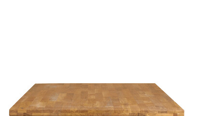 Wooden table top surface isolated over white background. Solid wood furniture close view 3D illustration. Empty table top cooking presentation template