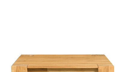 Wooden table top surface isolated over white background. Solid wood furniture close view 3D illustration. Empty table top cooking presentation template