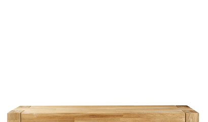 Wooden table top surface isolated over white background. Solid wood furniture close view 3D illustration. Empty table top cooking presentation template