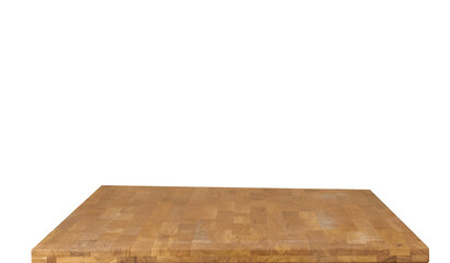 Wooden table top surface isolated over white background. Solid wood furniture close view 3D illustration. Empty table top cooking presentation template