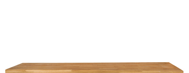 Wooden table top surface isolated over white background. Solid wood furniture close view 3D illustration. Empty table top cooking presentation template