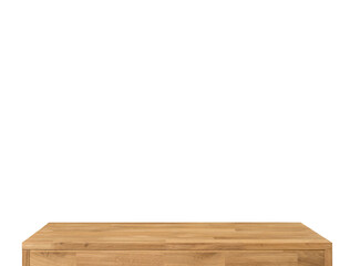 Wooden table top surface isolated over white background. Solid wood furniture close view 3D illustration. Empty table top cooking presentation template