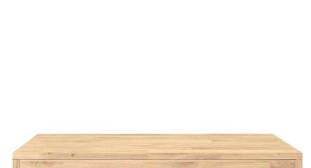 Wooden table top surface isolated over white background. Solid wood furniture close view 3D illustration. Empty table top cooking presentation template
