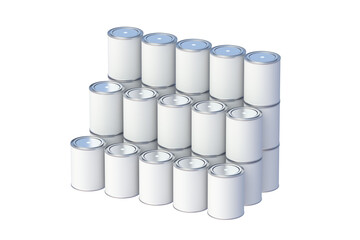 Lot of paint cans isolated on white background. 3d render
