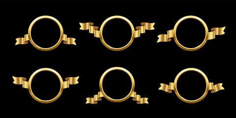 Golden rings set with gradient light effect and ribbons on sides, 3d shiny circle frame