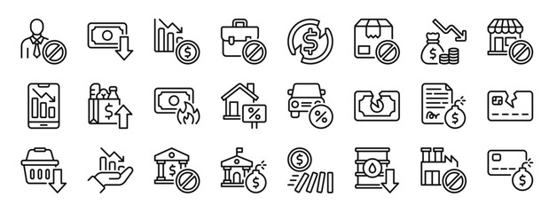 Fototapeta set of 24 outline web recession icons such as fired, money, decrease, job loss, coin, package, recession vector icons for report, presentation, diagram, web design, mobile app obraz