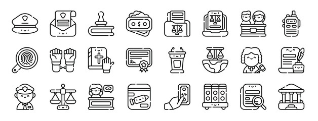 Obraz na płótnie Canvas set of 24 outline web law and justice icons such as police hat, document, stamp, money laundering, law, laptop, jury vector icons for report, presentation, diagram, web design, mobile app