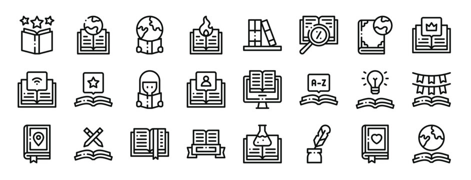 set of 24 outline web international literacy icons such as ratings, international literacy day, international literacy day, book, bookshelf, sales, day vector icons for report, presentation,
