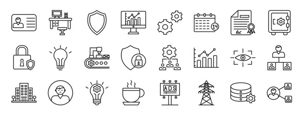 Fototapeta na wymiar set of 24 outline web business management icons such as id card, workspace, shield, bar chart, tings, calendar, degree vector icons for report, presentation, diagram, web design, mobile app
