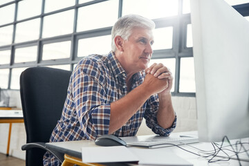 Laptop, research or business man thinking of invest strategy, finance growth or financial...