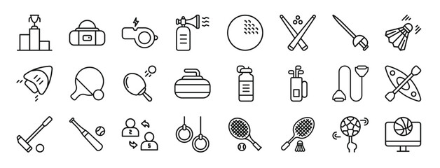 set of 24 outline web sports icons such as winner, sport bag, whistle, horn, golf ball, billiard, fencing vector icons for report, presentation, diagram, web design, mobile app
