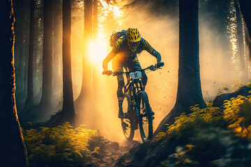 Generative AI illustration of a mountain bike cyclist going through the forest at sunset with the sun rays behind him