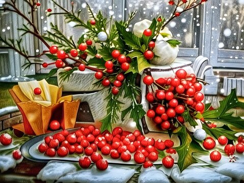 Still life with berries. Beautiful picture of red Berries and leaves in the winter.