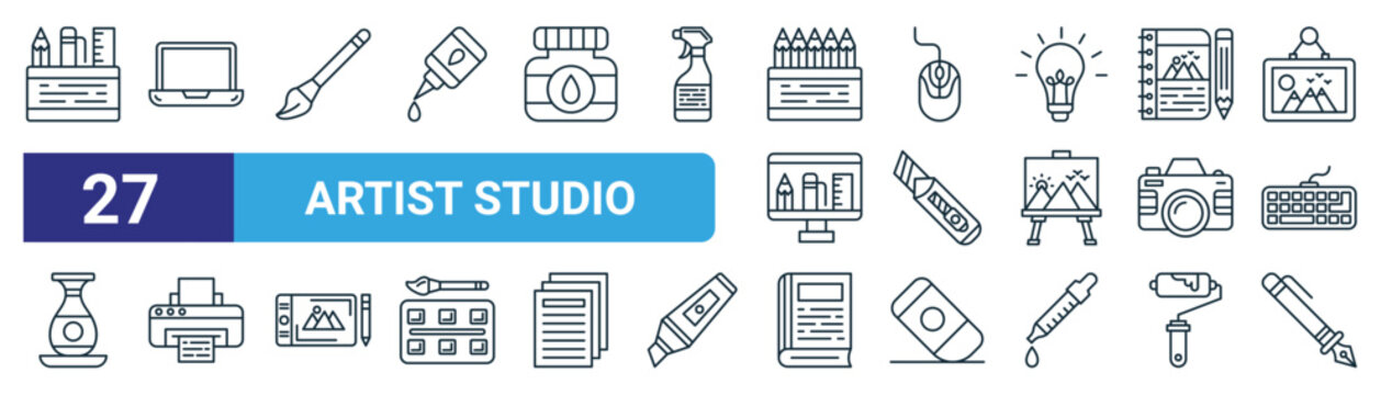 set of 27 outline web artist studio icons such as pencil case, laptop, paint brush, mouse, cutter, printer, book, fountain pen vector thin line icons for web design, mobile app.