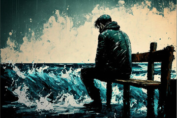 sad man at the sea digital art style, illustration painting