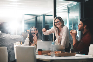 Fist bump, data analysis or business people in success business meeting, invest strategy or planning company finance.Celebrating, happy or teamwork on tax data analysis or global financial network