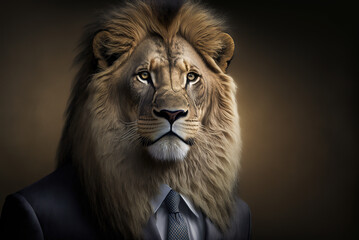 Portrait of a lion as a CEO of a company, created with Generative AI technology