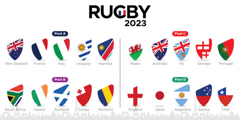 Rugby 2023, all pools, teams, and flags of the rugby tournament. Vector Illustration set with France Landmark. - obrazy, fototapety, plakaty