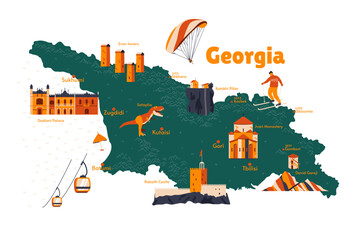 Naklejka premium Vector map of Georgia. Sights. Historical places. Tourism. Cities. Guide. Tbilisi, Batumi, Svan Towers, Mounts Shkhara, Kazbek. Caucasus. Castle. Churches. 
