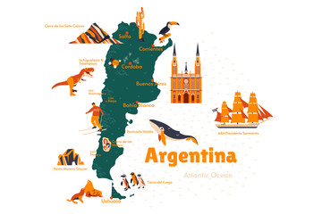 Vector map of Argentina. Sights. Historical places. Tourism. Guide. City. National park. Mountains. Perito Moreno Glacier. Terra del Fuego. La Plata. Buenos Aires. 