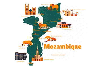 Vector map of Mozambique. Sights. Historical places. Tourism. Cities. Guide. Forts. Maputo, Bazaruto, Gorongosa, Malawi, Niassa Reserve, Zinave. Africa. Dugong.