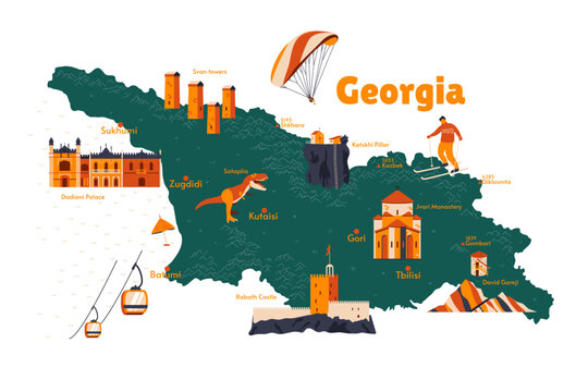 Vector map of Georgia. Sights. Historical places. Tourism. Cities. Guide. Tbilisi, Batumi, Svan Towers, Mounts Shkhara, Kazbek. Caucasus. Castle. Churches. 