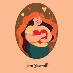 Vector Illustration of Young Girl Character Hugging A Red Heart On Orange And Brown Background For Love Yourself.