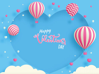 Happy Valentine's Day Font With Hot Air Balloons, Sphere, Clouds Decorated Blue Heart Shape Background.