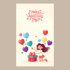 Happy Valentine's Day Concept With Cute Girl Character, Gift Box And Colorful Heart Shapes Decorated On Light Yellow Background.