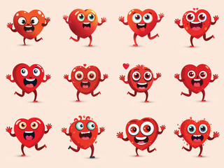 Set of Cute Red Heart Mascot Characters With Various Expressions In Running Poses. Happy Valentine's Day Concept.