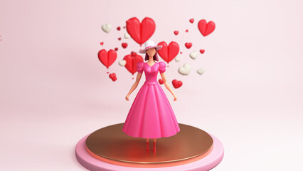 3D Render, Fashionable Young Girl Standing On Golden And Pink Podium And Heart Shapes. Happy Women's Day Concept.