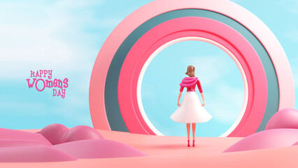 Happy Women's Day Concept With Rear View of Modern Young Girl Character Standing On Circular Arch or Frame Pink And Blue Background. 3D Render.