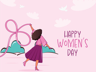 Happy Women's Day Concept With Young Girl Forming 8 Number From Ribbon On Pink Background.