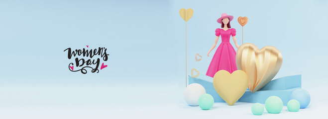 Happy Women's Day Concept With 3D Render, Fashionable Young Girl Character, Golden Heart Shapes And Balls.