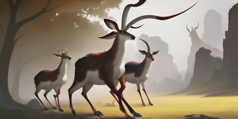 An epic cartoon illustration and digital painting of a Antelope