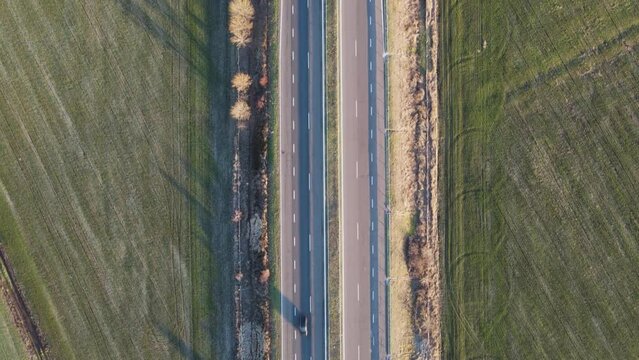 Aerial Sunset view of Rural land near Trakia (A1) motorway, Burgas Region, Bulgaria
